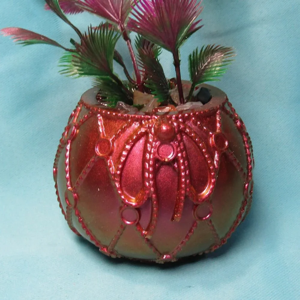 Aquarium Decoration - Copper Red Ball with Gemstones and Colorful Plant.